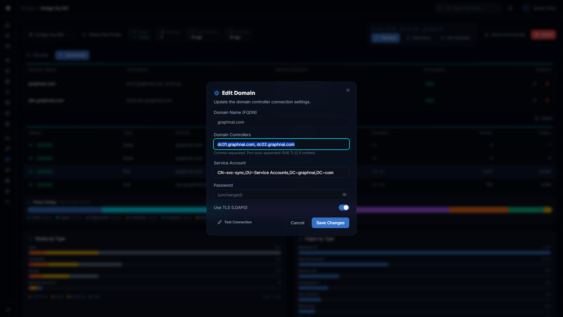 Domains section showing configured domains with status indicators