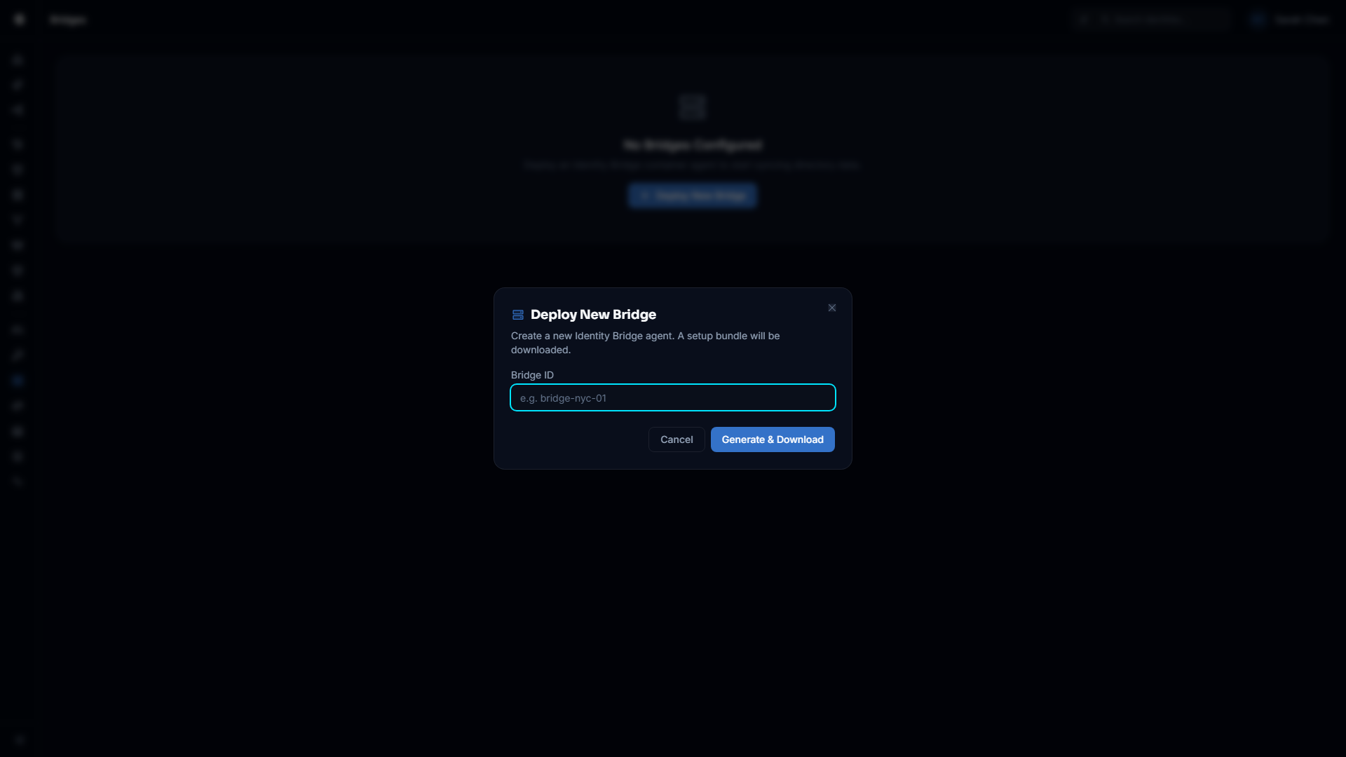 Bridge provisioning modal with name field and Generate Bundle button