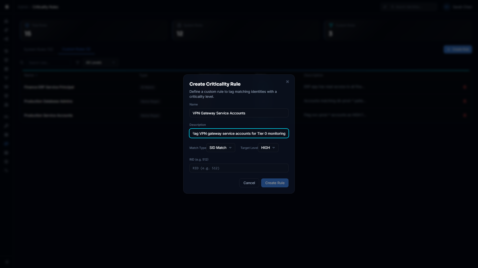 Create Criticality Rule dialog showing name, description, match type, and target level fields