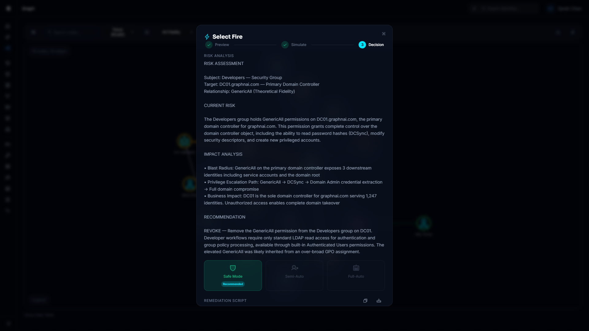Select Fire Decision step showing execution mode cards and AI-generated risk analysis