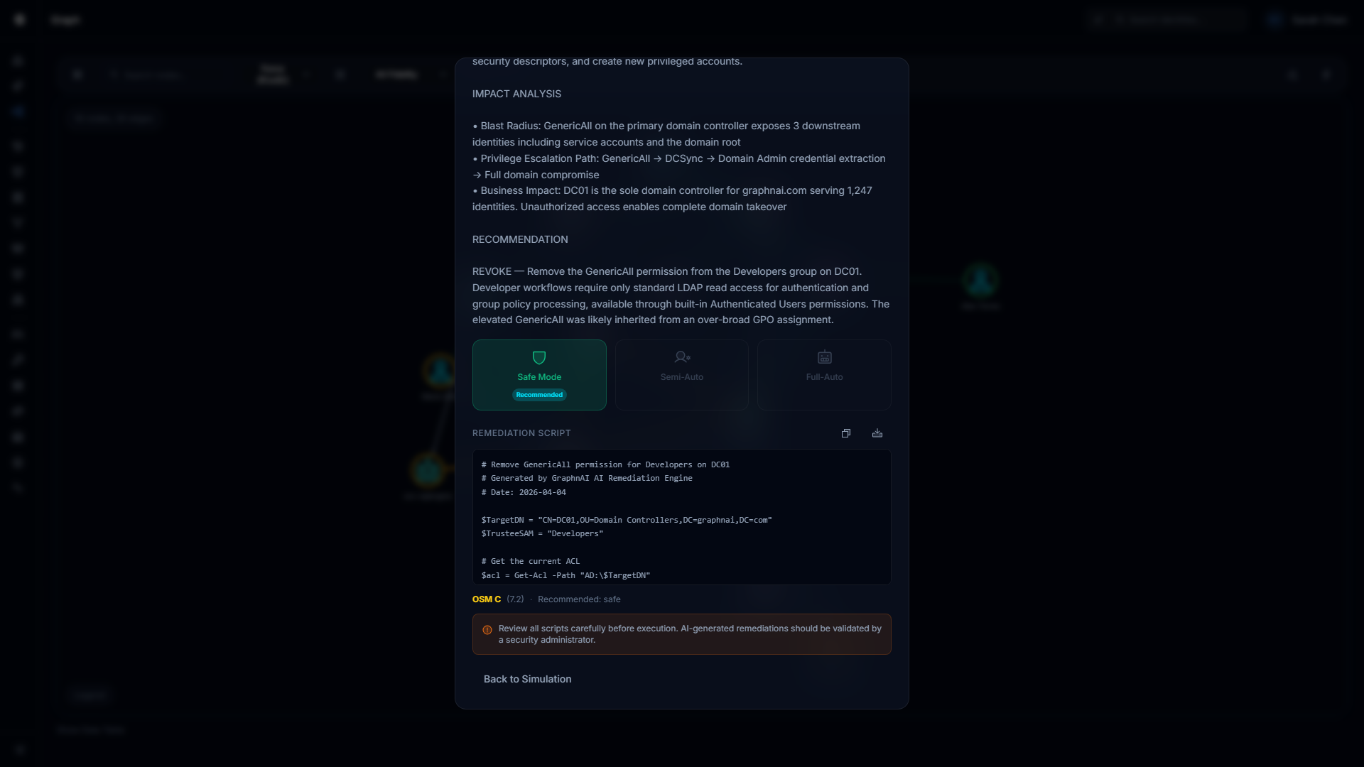 Safe Mode remediation script view with scrollable code block, Copy and Download buttons